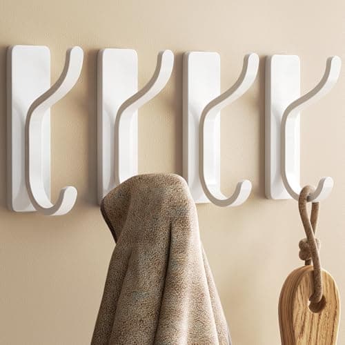 pickpiff Adhesive Wall Coat Hooks Heavy Duty StickOn Door Hanger Metal Hook for Hanging TowelPurse Robe Backpack Jacket Clothes for BathroomDorm Closet Kitchen White 4 Pack