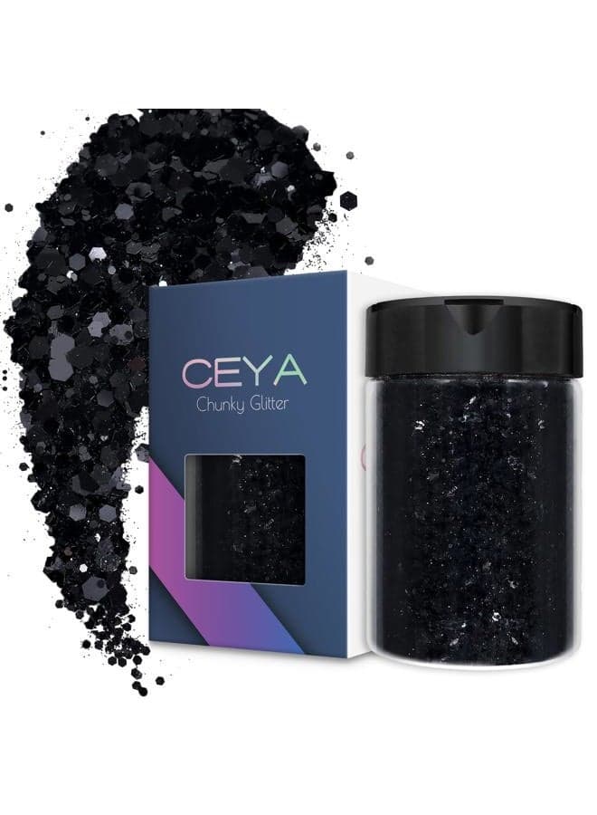 Ceya Chunky Glitter, 4.9oz/ 140g Black Craft Glitter Powder Mixed Fine Flakes Iridescent Nail Sequins for Nail Art, Hair, Epoxy Resin, Tumblers, Slime, Painting, Festival Decor