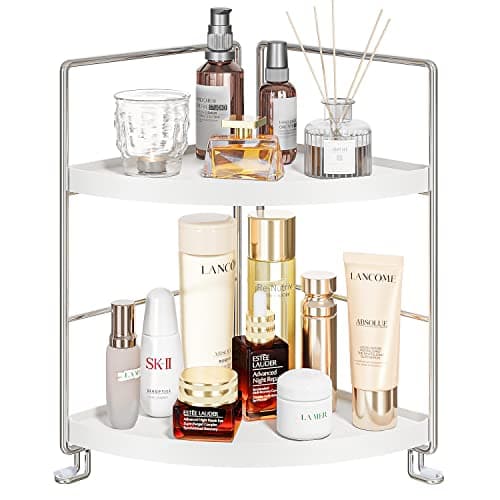 KINGBERWI 2Tier Bathroom Corner Counter Organizer Makeup Storage Shelf Vanity Tray Bathroom Sink Countertop Organizer Silver