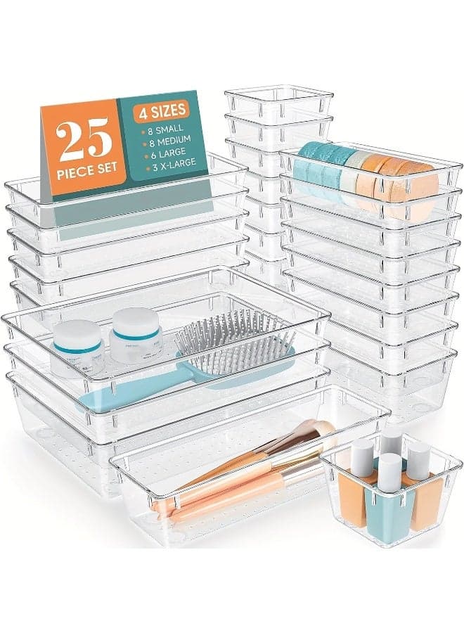 25 Pcs Adjustable Drawer Organizer Set - Modular Plastic Storage Boxes for Kitchen, Makeup Vanity, Desk & Office, Customizable Drawer Dividers & Compartments