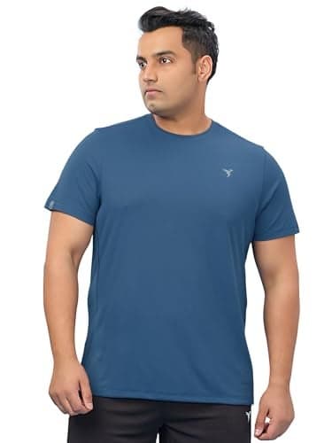 TECHNOSPORT Men's Slim Fit Solid Short Sleeve Crew Neck Pluse Size T-Shirt for Running, Gym & Sports - (MTOR10HBE_Horizon Blue_3XL)