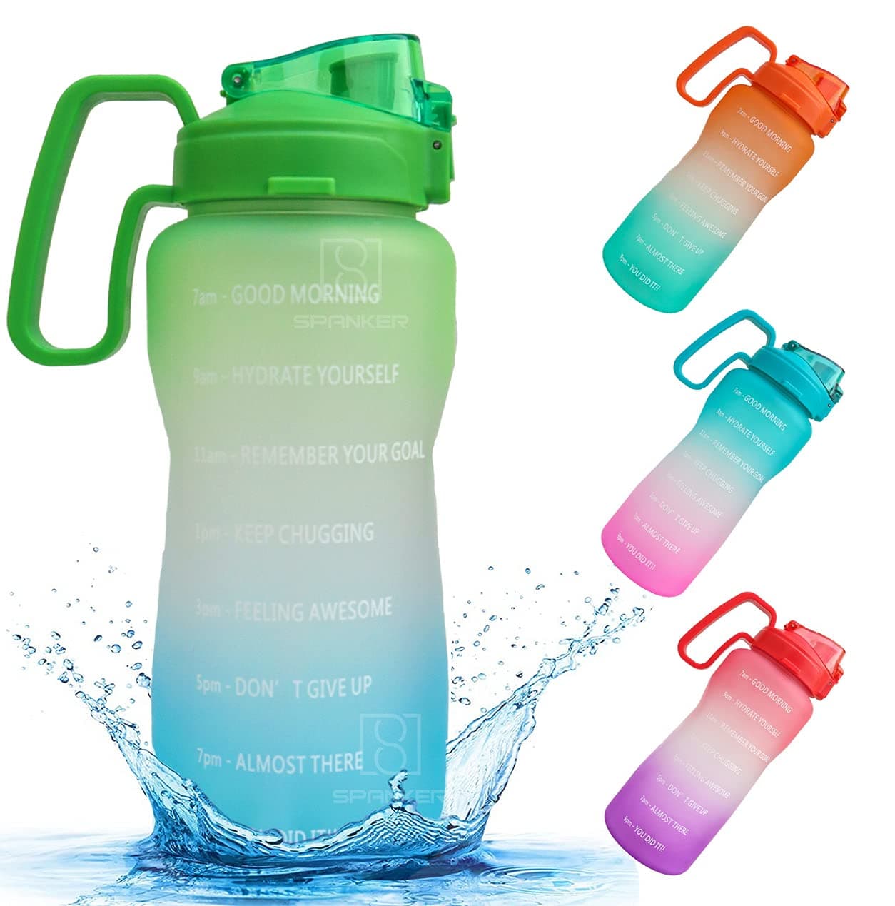 Spanker Plastic Ultima Motivational Water Bottle Half Gallon With Handle Time Marker Large Capacity 2000 Ml Leakproof Bpa Free Fitness Sports Water Bottle Green Blue Sstp