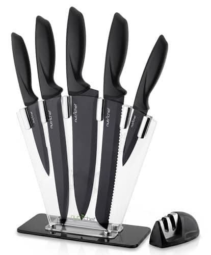NutriChef 7 Piece Kitchen Knife Set - Stainless Steel Kitchen Precision Knives Set w/ 5 Knives & Bonus Sharpener, Acrylic Block Stand - Cutting Slicing, Chopping, Dicing - NCKNS7X