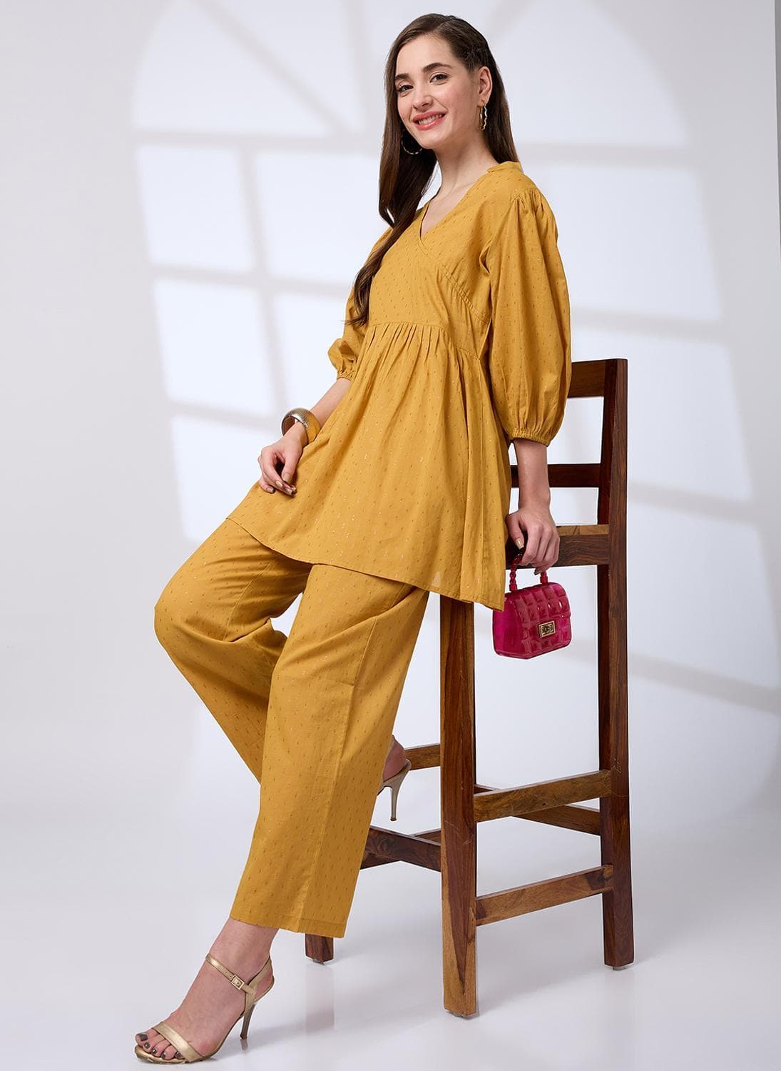 Globus Women V-Neck Bishop Sleeves Lurex Detail Tunic With Straight Pants Workwear Co-Ords Set