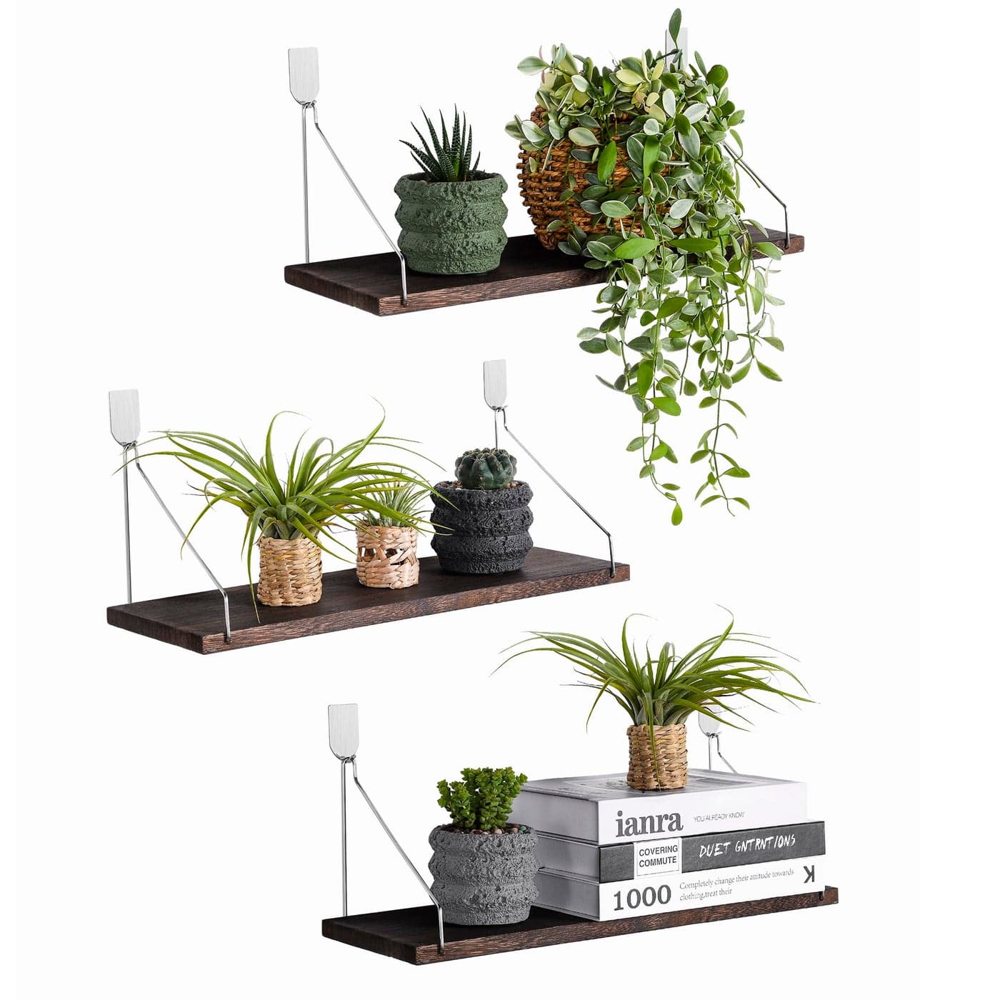 MITIME Floating Shelves Set of 3 Rustic Solid Wood Floating Shelf Wall Storage Shelves for Living Room Bedroom Bathroom Kitchen Laundry Officeno Drill ShelfRetro Color LLL