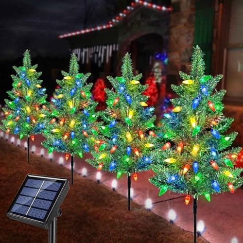 Windpnn Upgraded 4Pack Solar Christmas Garden Stake Lights Decorative Xmas Tree Solar Christmas Yard Stake Outdoor Waterproof Pathway Lights for Garden Patio Yard Decorations