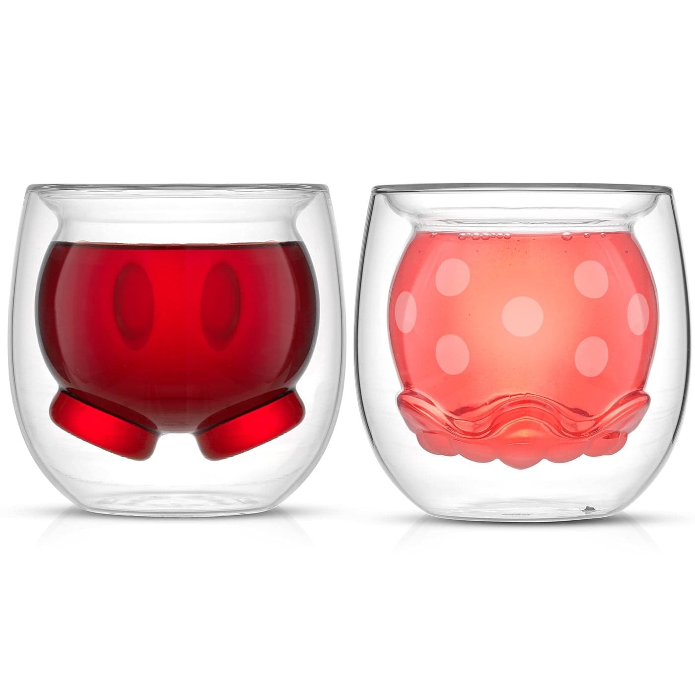 JoyJolt Mickey Pants and Minnie Skirt 3D 74oz Double Wall Glass Coffee Cups Set of 2 Disney Coffee Mug Espresso and Tea Cups Collection of Double Wall Glasses Disney Gifts