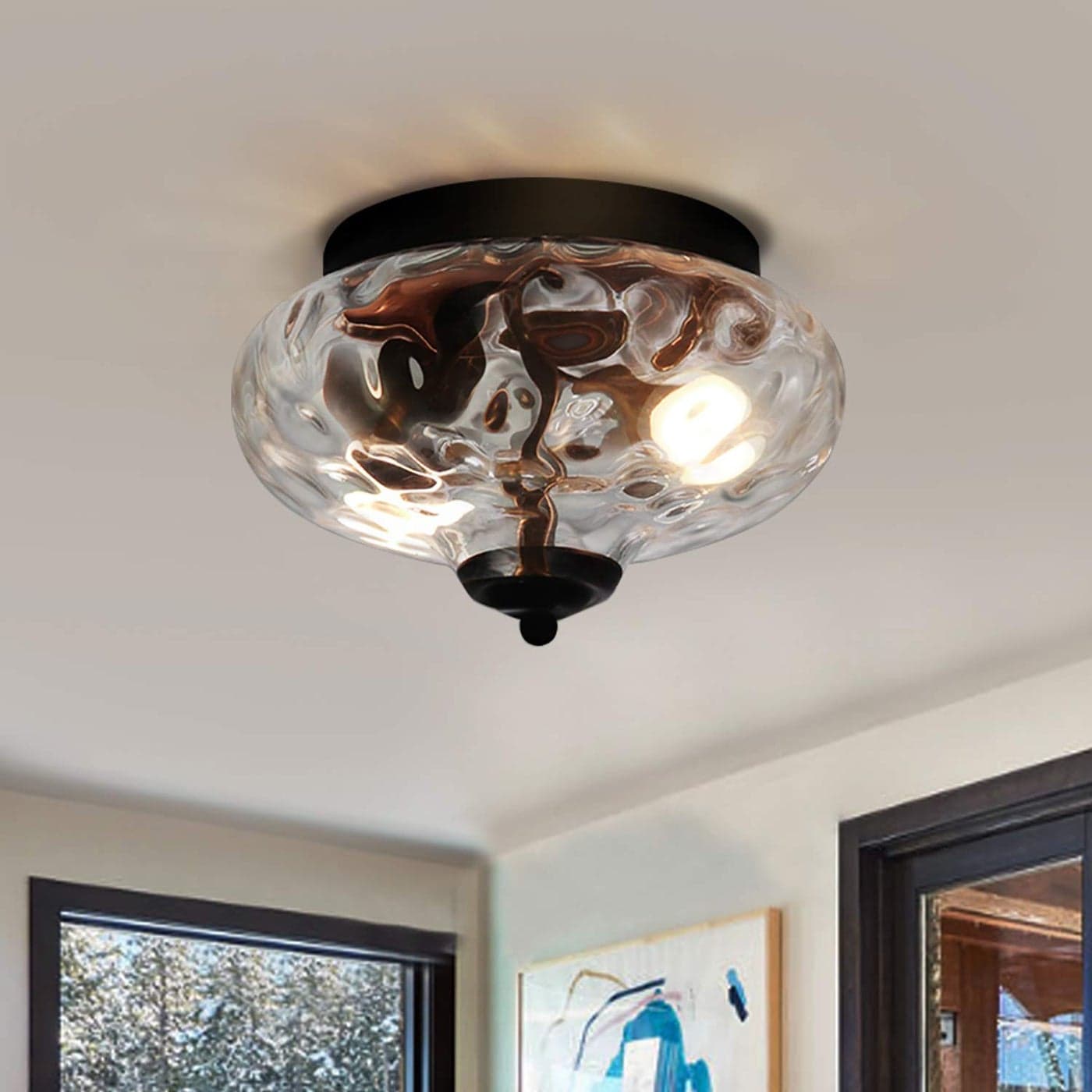 EDISLIVE Modern 2Light Hammered Glass Flush Mount Light Pendant Ceiling Light Fixture 102 Indoor Ceiling Light for Hallyway Foyer BedroomBlack