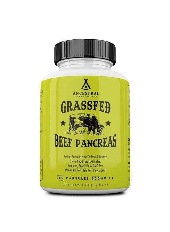 Grass Fed Beef Pancreas Supplement, 500mg, Pancreatic Support with Proteolytic Enzymes for Digestion Support, Including Trypsin, Non-GMO, 180 Capsules