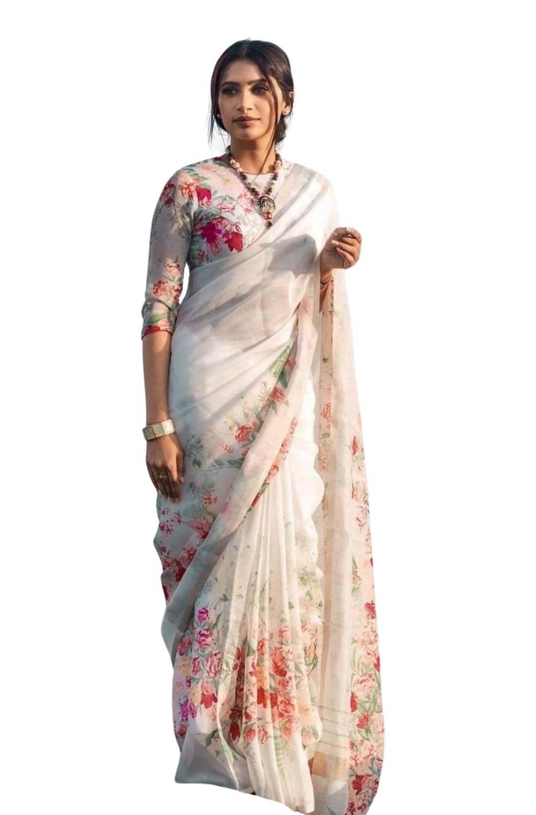 C J Enterprise Women’s Pure Soft Cotton Saree Linen Silk Sarees For Latest Party Design Wear Wedding Sadi With Blouse Piece Sari South Mulmul ikkat Mul Print 2025 New (FlowerJaal) (White)