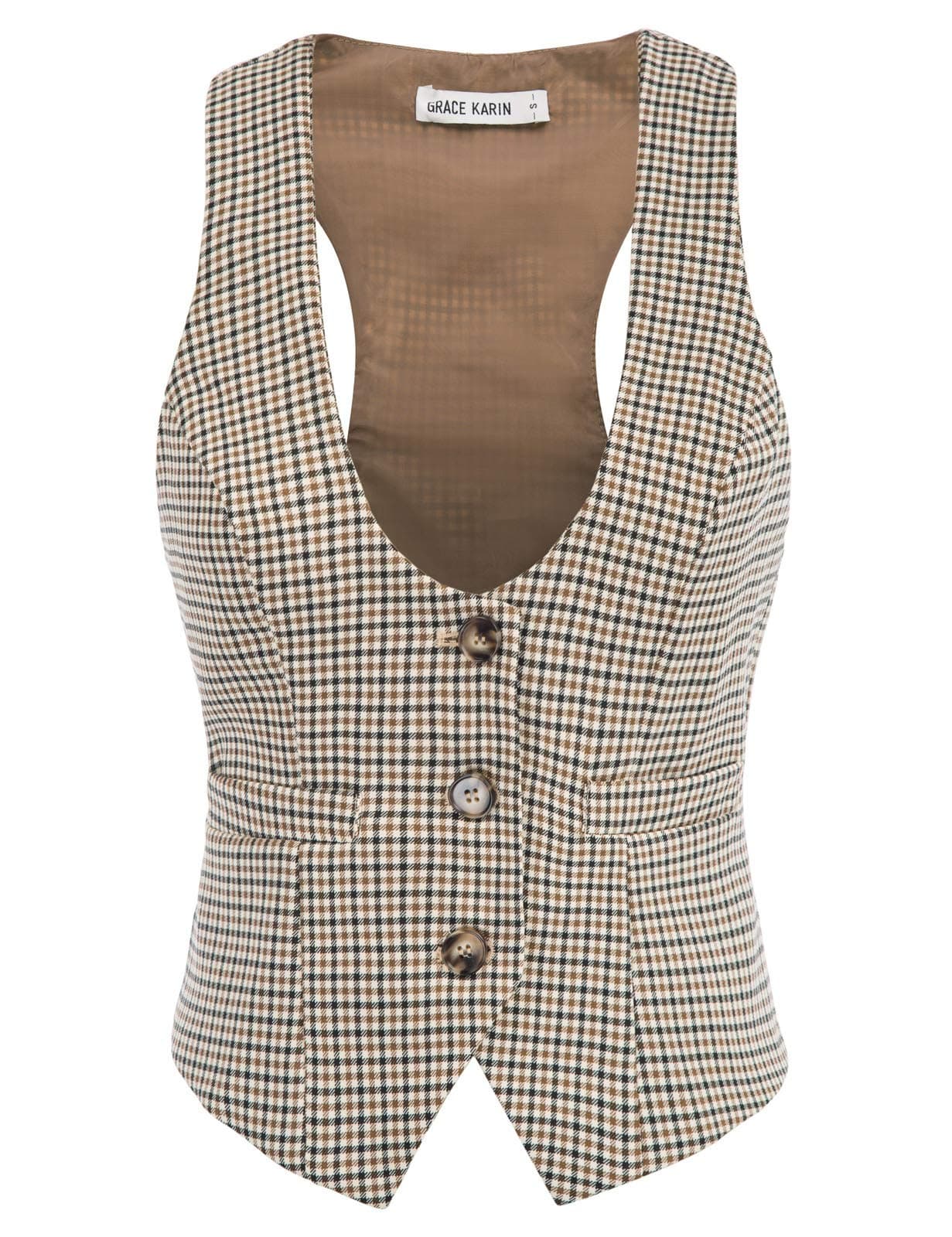 GRACE KARIN Vest Top for Women Brown Lightweight Dressy Suit Vest(M, Brown Plaid)