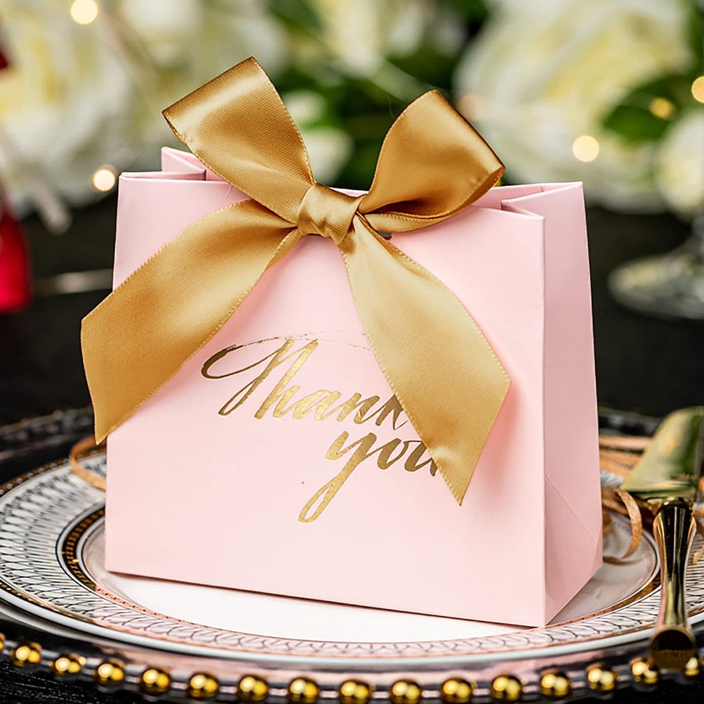 Yoption 50 Pcs Wedding Party Favor Boxes Small Thank You Gift Bags Candy Boxes with Gold Bow Ribbon Wedding Bridal Shower Birthday Party Pink