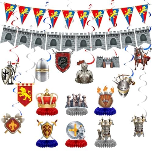 Janlaugh 18 Pcs Medieval Knight Birthday Party Decorations Castle Table Topper Medieval Whirls Hanging Banner Decorations Stone Wall Shield for Birthday Party Supplies