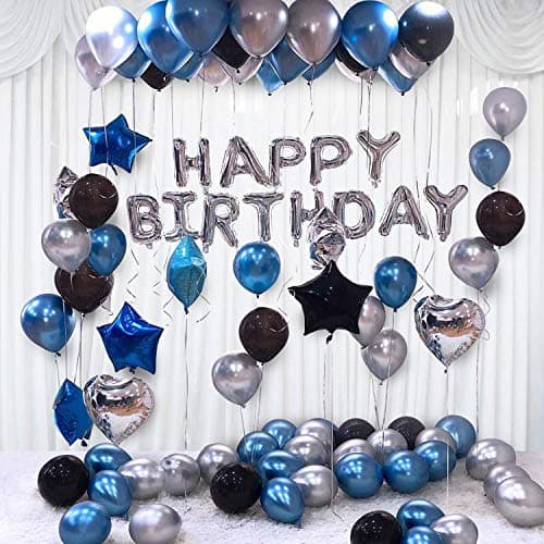 Party Propz Happy Birthday Letter Foil Rubber Balloon Set Of Silver, Pack Of 61 Hd Metallic Balloons (Blue, Black And Silver)
