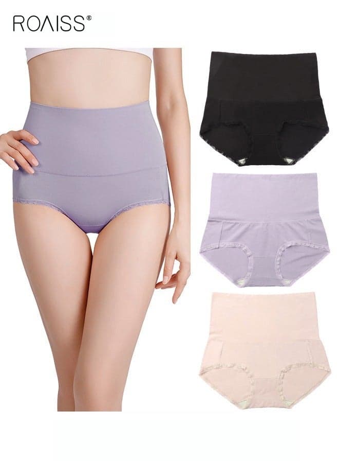 Women 3 Pack High-rise Underwear Set with Antibacterial Lining, Soft Stretchy Panties with Lace Edge, Breathable Briefs with Elastic Waistbands for Ladies, Ideal for Everyday Wear