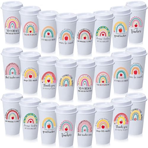 Skylety 24 Pcs Teacher Appreciation Gifts Bulk Thank You Teacher Gifts 16 oz Coffee Cups with Lids for Preschool, Daycare, Kindergarten, Back to School (White,Cute Rainbow)