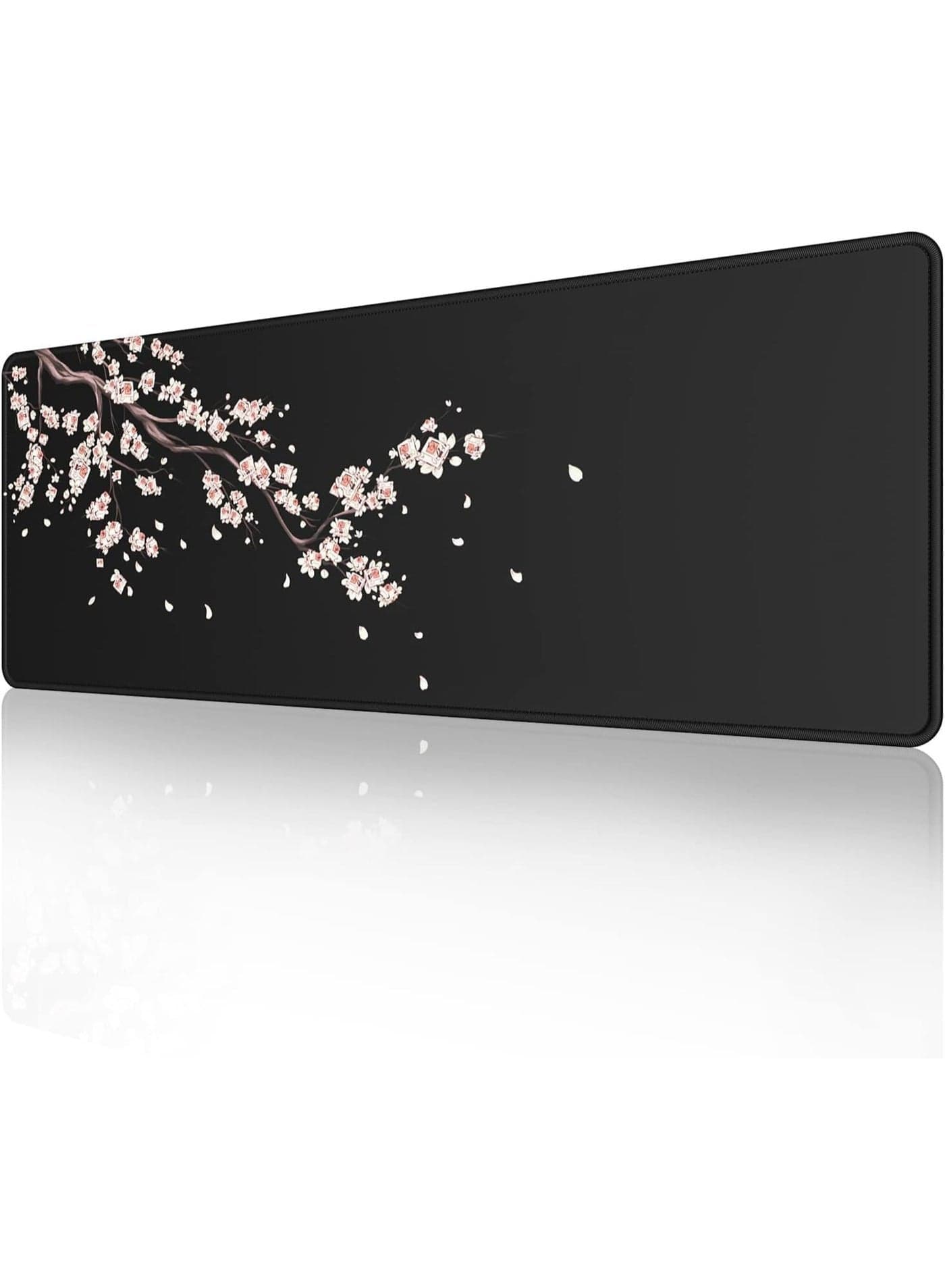 Japanese Plum Blossoms Black Mouse Pad, Extended Large Desk Mat 31.5×11.8 Inch, Non-Slip Rubber Base, Smooth Cloth Surface, Stitched Edges Gaming Mousepad for Office & Computer Setup (XL)