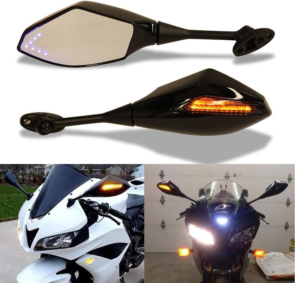 Rich Choices Motorcycle LED Turn Signal Rearview Mirrors for Honda CBR250R CBR600RR (Gloss Black + Smoke Lens)