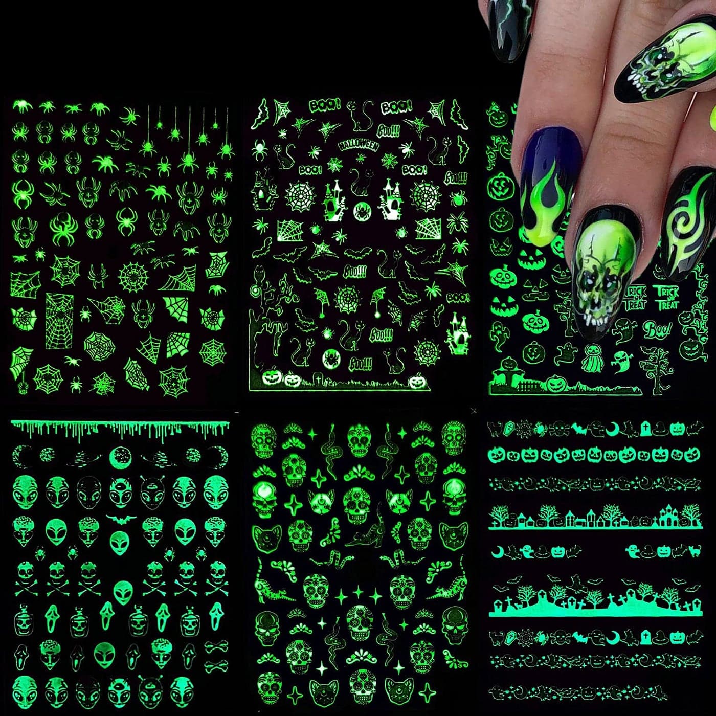 Halloween Nail Art Stickers Luminous Nail Design Glow in The Dark Nail Decals Day of The Dead Skull Witch Pumpkin Ghost Gross Spider Bat Nail Sticker for Holiday Women Manicure Decoration6 Sheets