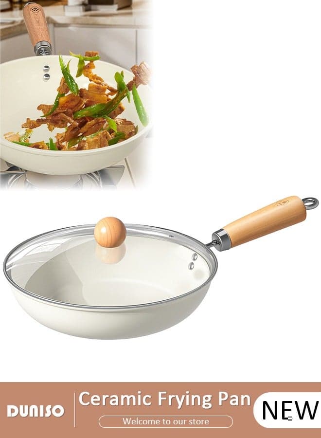 Ceramic Lightweight Frying Pan Skillet Thickened Bottom,22cm Healthy Non-Stick 0 Fluorine Washable Coating Pans with Heat-Resistant Hanging Handle Thickened Glass Lid,Durable Wear and High Temperature Resistance Omelette Pan Compatible with All Stovetops,Ideal Frying, Cooking, Sauteing