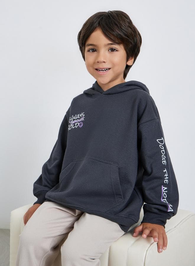 Boys Grey Slogan Print Cotton Hoodie