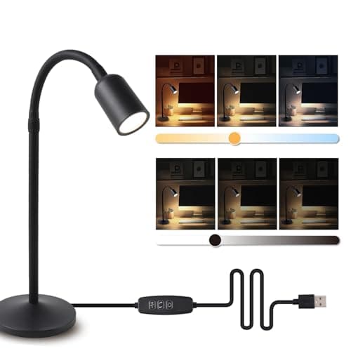 DAMI Small Desk Lamp with Flexible Gooseneck, USB Reading Light Nightstand with 3 Color Temperatures, Dimmable Eye-Caring Bedside Table Lamp for Home Office Bedroom Dorm RV - Black