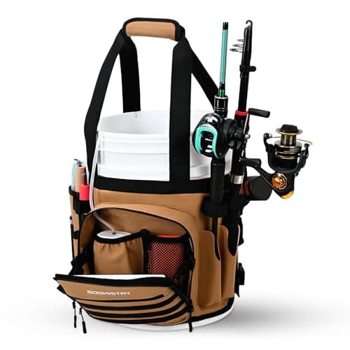 Boomistry Fishing Bucket Organizer for 5 Gallon Bucket Accessories Fishing Tackle Bag with Adjustable Buckle Fishing Rod Bag with 15 MultiPockets for Fishing Gear and Equipment Khaki