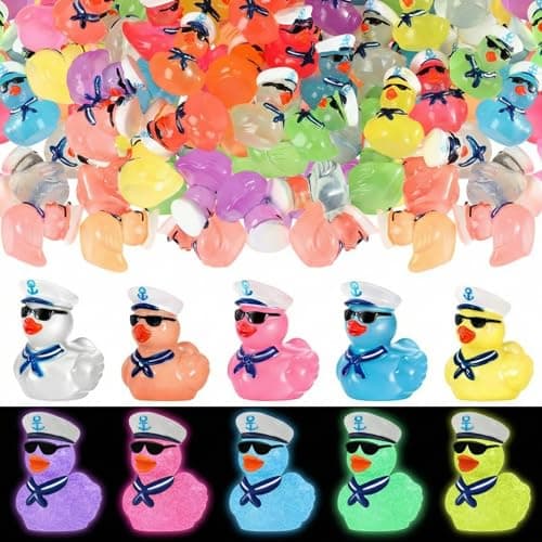 RoundFunny 150 Pcs Mini Luminous Resin Sailor Cruise Ducks Glow in The Dark Tiny Cruise Duck for Hiding with Hat Miniature Figurines for Hide and Seek Prank Micro Landscape Garden Dollhouse