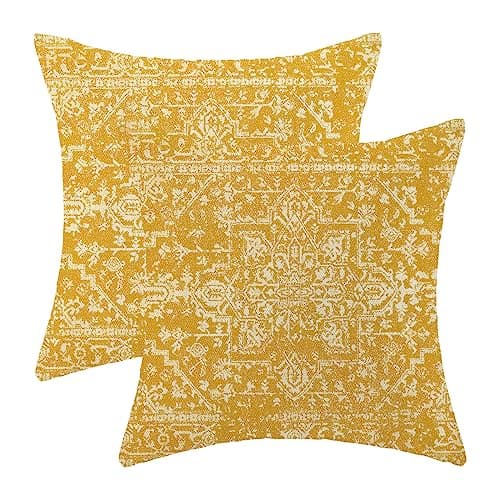 Gohdiwh Boho Pillow Covers 18x18 Set of 2, Yellow Carpet Pattern Decorative Throw Pillows Linen Ethnic Design Farmhouse Cushion Pillow Covers for Sofa Couch Outdoor Decor