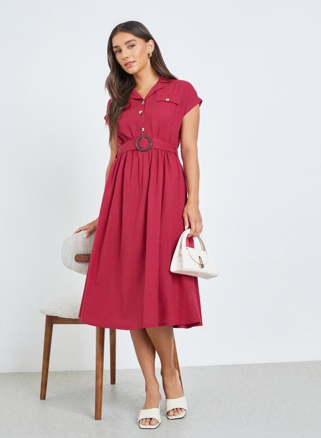 Red Belted Cotton Midi Dress