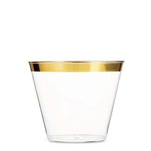 Munfix 100 9 Oz Clear Plastic Cups, Old Fashioned Tumblers, Fancy Disposable Wedding Cups, Elegant Party Cups with Gold Rim