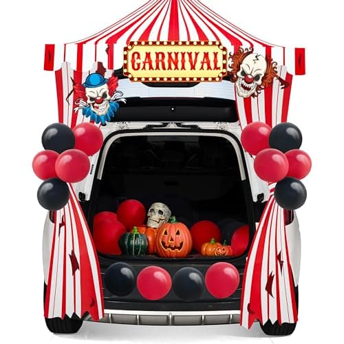 JOYIN Trunk Or Treat Car Decor Kit for SUV Halloween Decorations Outdoor Circus Carnival Clown Design LED Lights Boards Stickers for Haunted House Door Archway Entryway