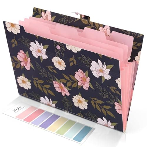 SKYDUE Accordion File Organizer Floral Expanding File Folders with 5 Pockets Cute Document Organizer for Paper Bills Receipt Storage School Office Hospital Supplies LetterA4 Size Navy Blue