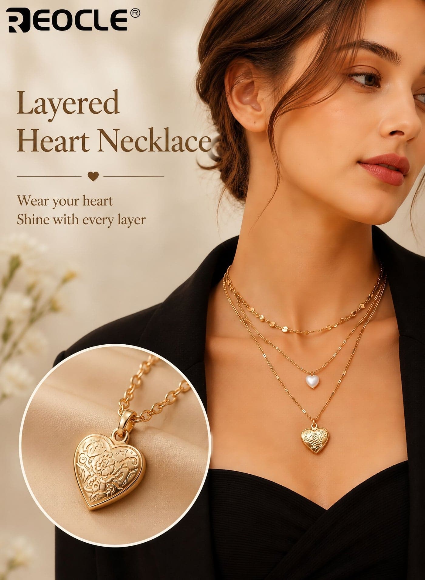 Women's Necklace Three-Layered Heart Locket & Pearl Pendant Choker Necklace Set Adjustable Multi-Chain Jewelry for Daily and Special Occasions