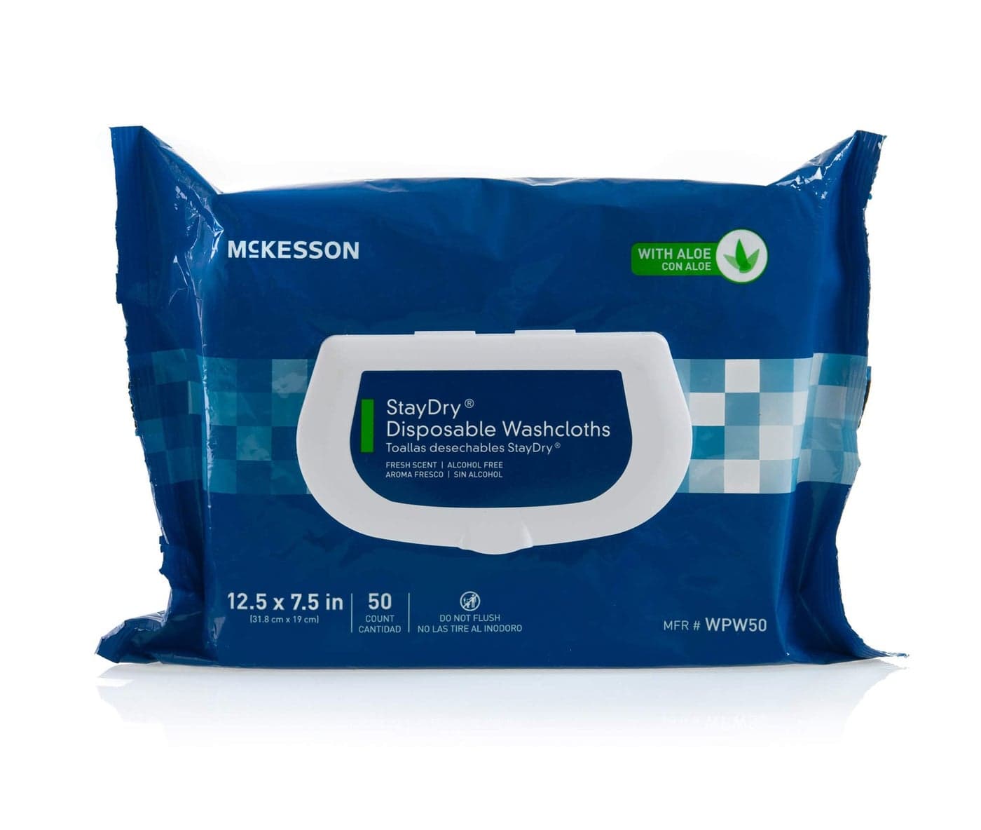 McKesson StayDry Disposable Wipe Large Adult Body and Incontinence Washcloths with Aloe and Vitamin E AlcoholFree 50 Wipes Per Pack