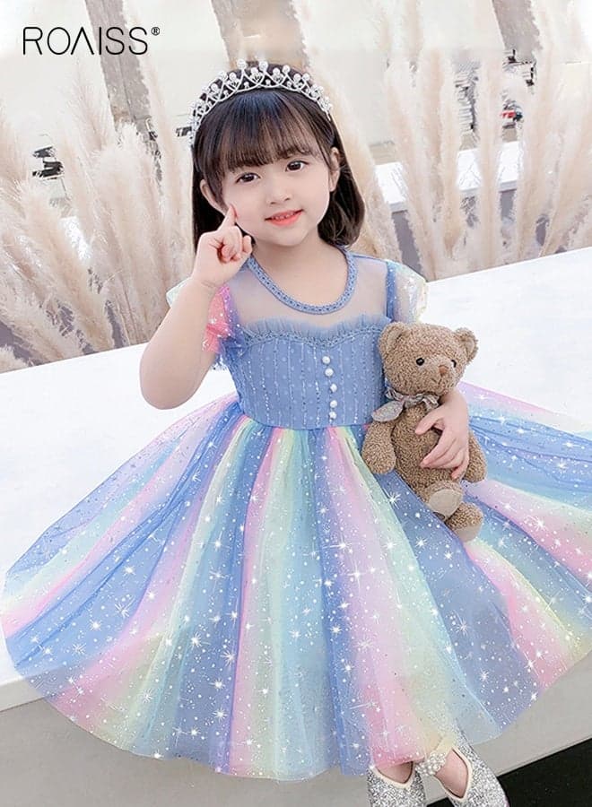 Girls Summer Tulle Dress, Puff Sleeves Princess Dress, Casual Stylish Sequin Sundress for Little Girls, Suit for Daily Wear or Any Occasion