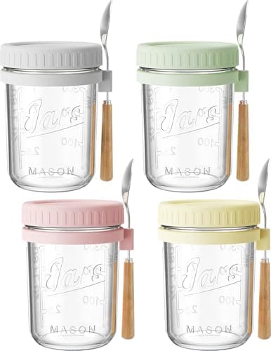 HomArtist 16oz Overnight Oats Containers with Lids and Spoons, 4 Pack Wide Mouth Mason Jars with Airtight Lids, Overnight Oats Jars for Salad, Chia Seed, Cereal, Yogurt