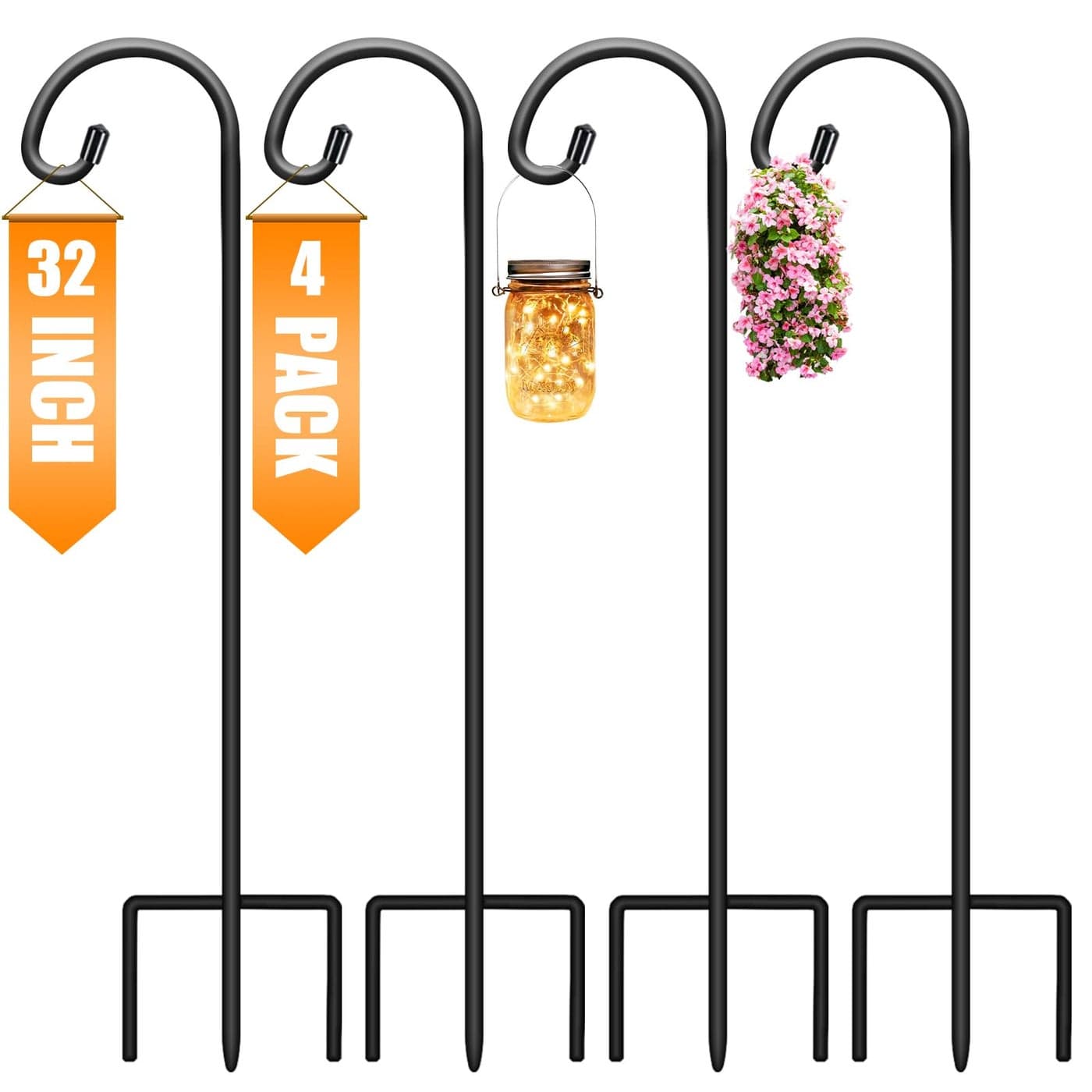 Gtongoko 32 Inch Shepherds Hooks for Outdoor 4 Pack Garden Hooks for Hanging Plants Lanterns Bird Feeders Solar Lights Mason Jars Weddings Decor Adjustable Matte Black