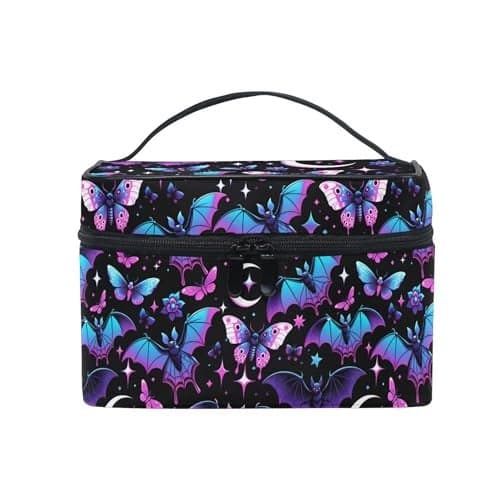 MNSRUU Makeup Bags Neon Purple and Bats Stars and Moons Makeup Organizer Bags Toiletry Bag Box Travel Cosmetic Bag Make Up Train Case for Women Teen Girl Ladies