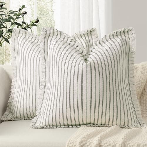 ZWJD Throw Pillow Covers 18x18 Set of 2 Striped Pillow Covers with Fringe Chic Cotton Decorative Pillows Square Cushion Covers for Sofa Couch Bed Living Room Farmhouse Decor Olive Green