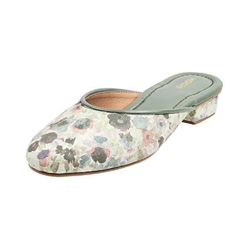 Mochi Women's Green Floral Faux Leather Mules Slip-on Fashion Heel Sandals UK/4 EU/37 (31-5065)