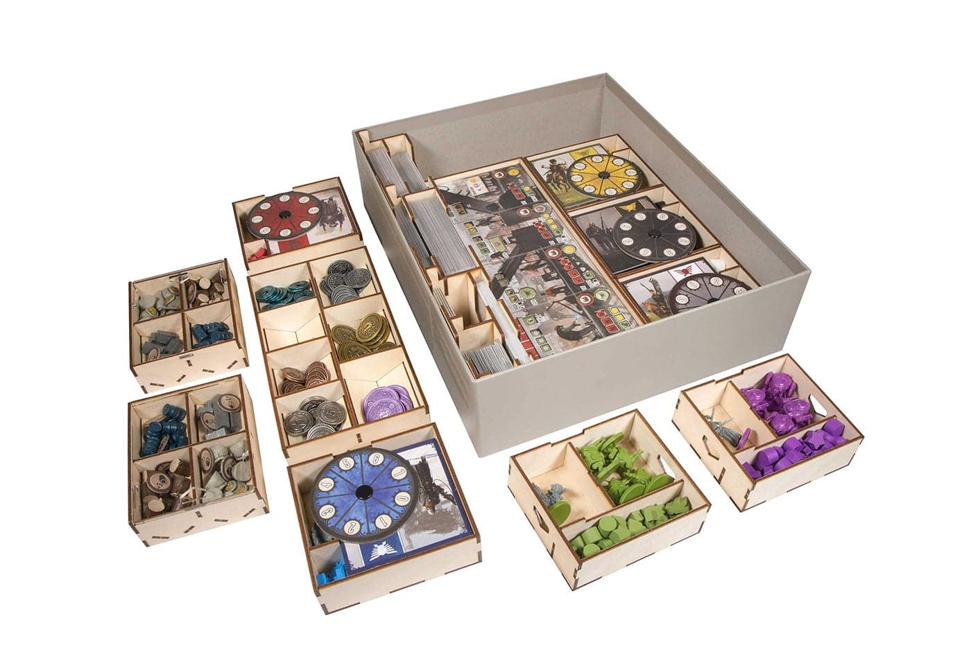 The Broken Token Game Organizer Compatible with Scythe - Wooden Game Organizing Box with Multiple Trays