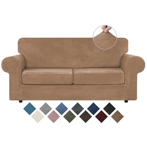 WEERRW Velvet Couch Covers for 2 Cushion Couch Sofa - High Stretch Luxury Velvet Plush 3 Pieces Sofa Slipcovers with Elastic Bottom, Furniture Protector for Pets, Machine Washable, Camel, Medium
