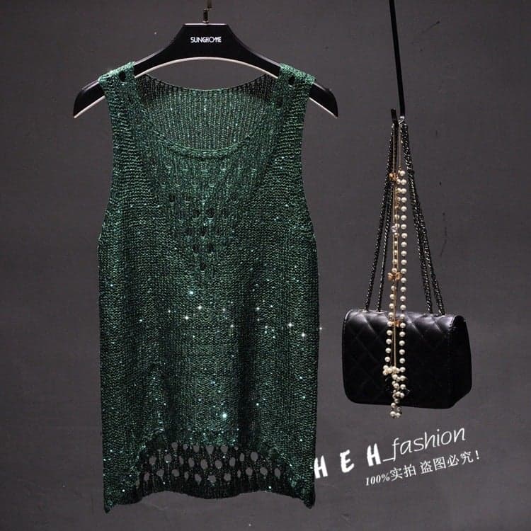 Beaded Sparkling Sequins Hollow Thin Sleeveless Sweater Front Short Back Long Vest T-Shirt Top Women