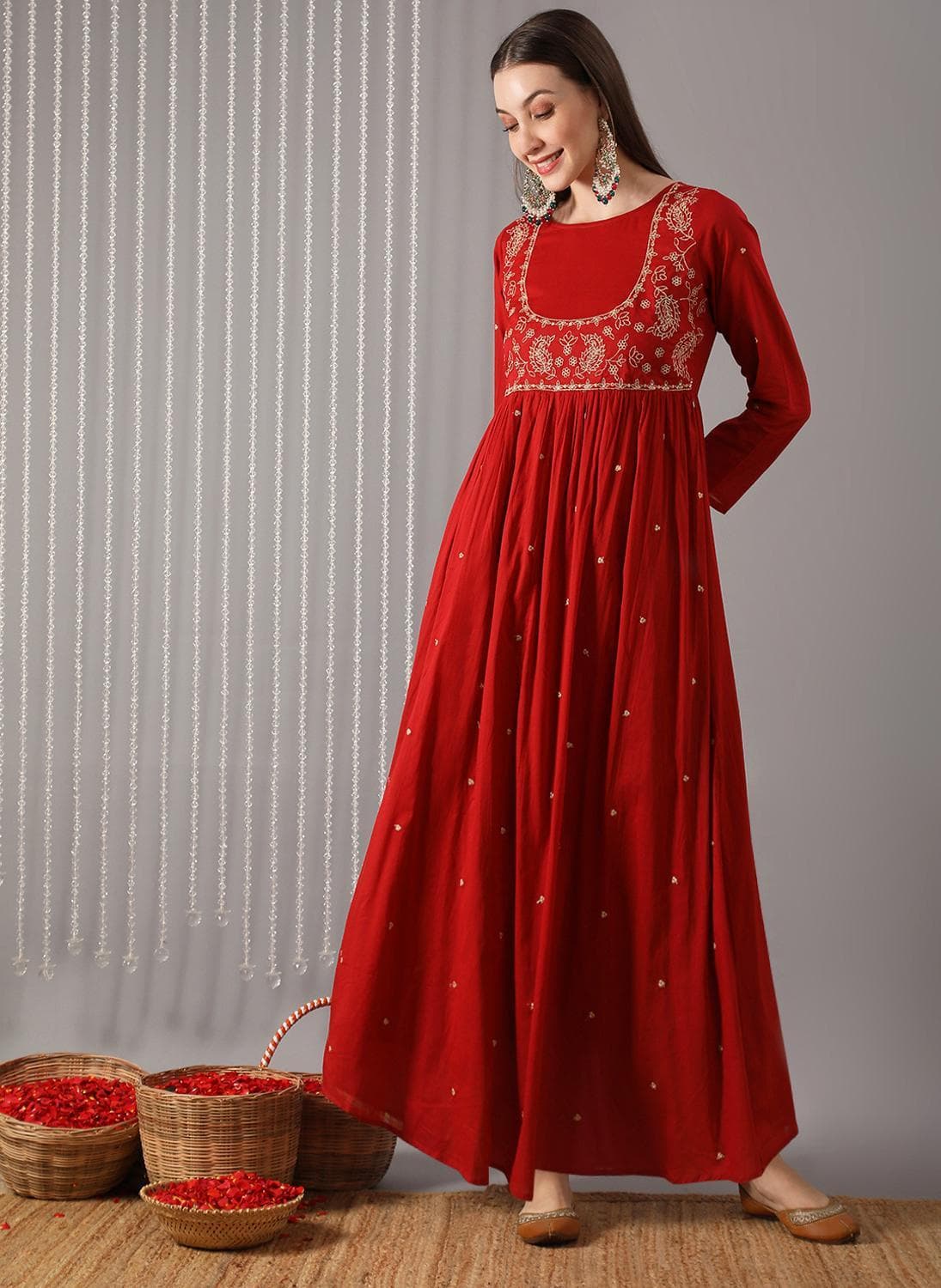 Globus Women's Red Gathered A-Line Flared Hem Ethnic Dress with Boat Neck and Thread Work