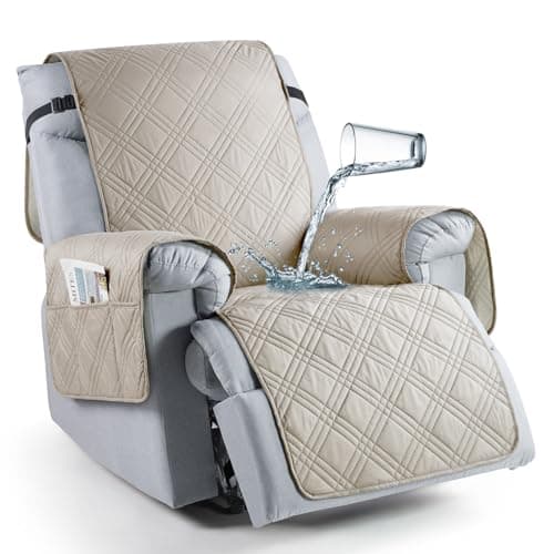 TAOCOCO 100% Waterproof Recliner Chair Cover, Oversized Recliner Covers for Large Recliner Chair with Double Straps, Non Slip Reclining Chair Cover for Kids, Pets(28'', Cream)