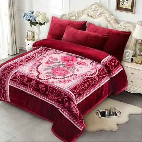 JYK Soft Fleece Bed Blanket Queen Size AB Pattern RoseRose 520GSM Fuzzy Cozy Luxury Warm Blanket Microfiber 2 Ply Reversible Room Home Decor Christmas Decorations 75 x 87 inches 5 LB
