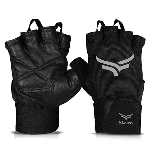 XTRIM xMacho Pro Leather Gym Gloves for Men & Women (XL, Fits 8.5-9.5 inches),with Wrist Support for Weightlifting, Hand Exercise Gloves with Half-Finger Length for Gym Workout (Grey-Black)