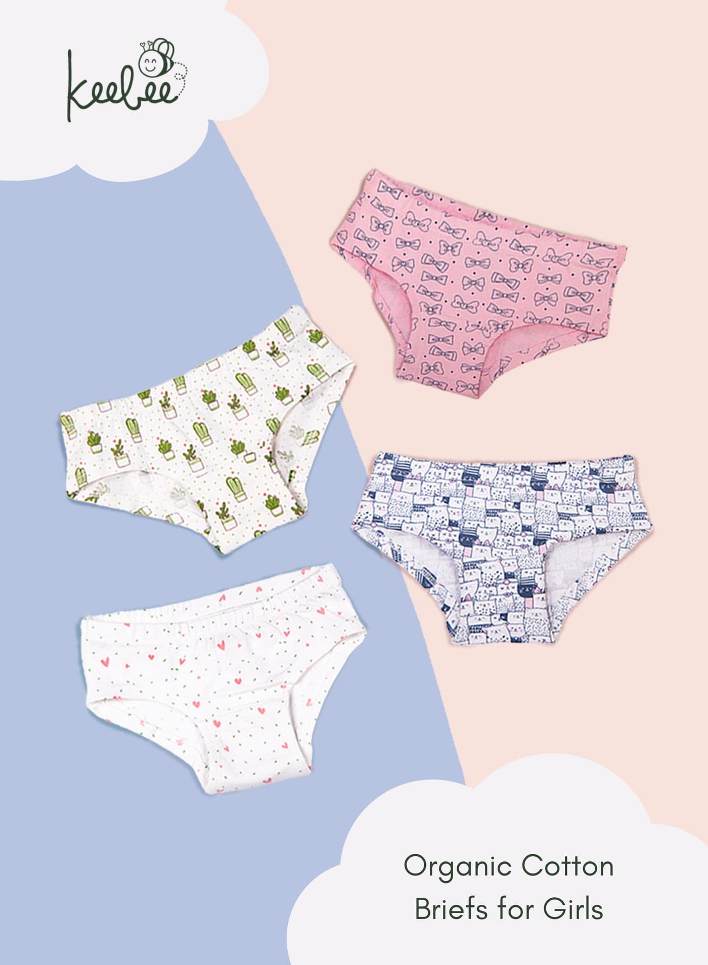 KeeBee 4 Pack Girls Briefs 95% Organic Cotton 5% Elastane, Soft and Comfortable Underwear for Girls