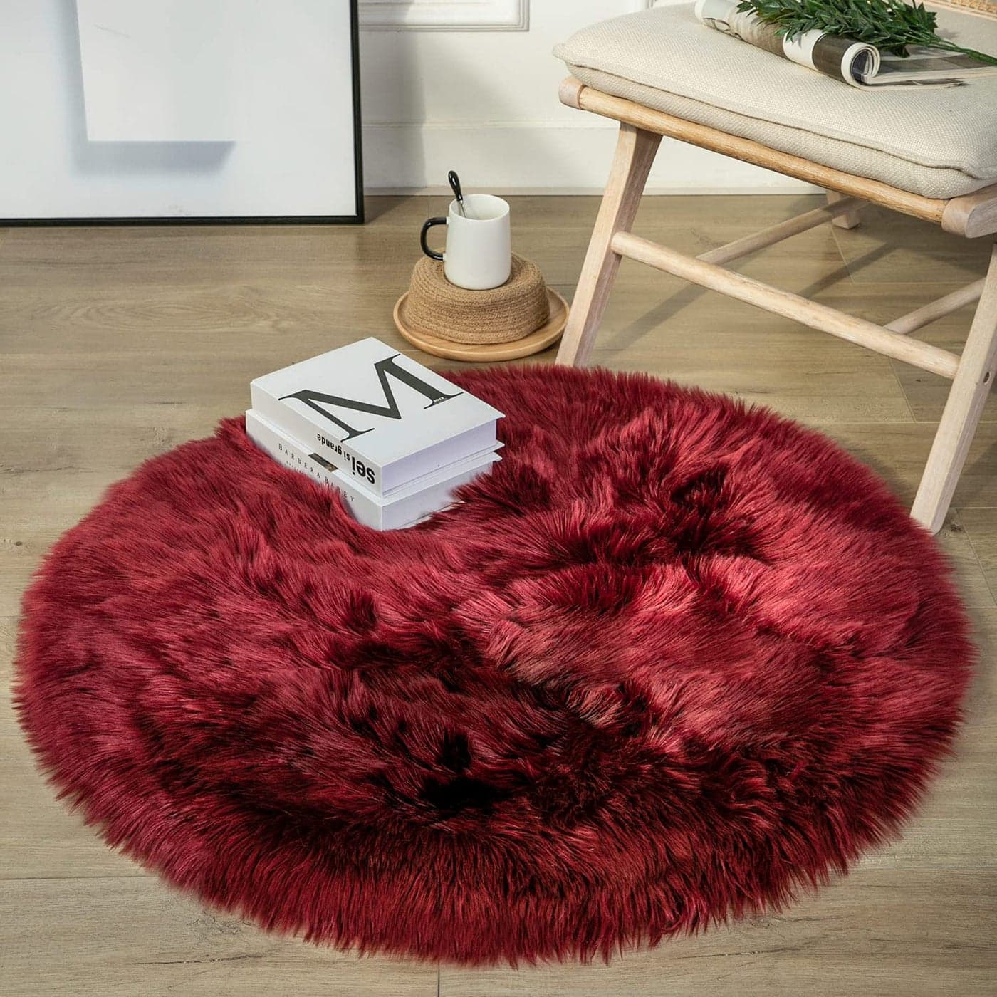 Ashler faux fur rug Fluffy Shaggy Area Rug Ultra Soft 3 x 3 Feet Round Fur Rug Deep Red Fuzzy Rug Machine Washable Shag Rug Nursery Decor Throw Rugs for Bedroom kids room Living Room